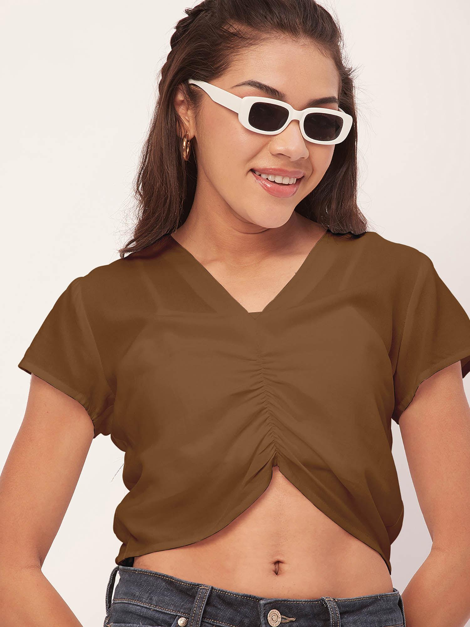 women brown solid half sleeves crop top