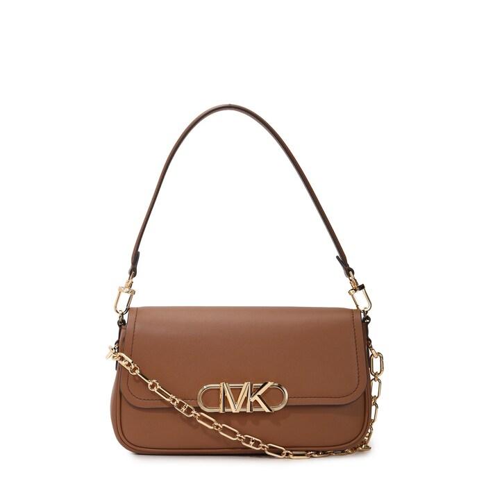 women brown solid mk logo shoulder bag with chain handle