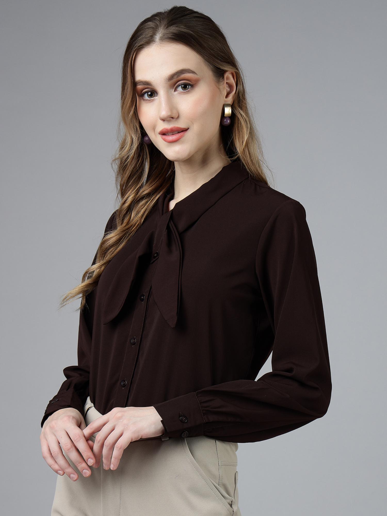 women brown solid pattern regular fit tie up neck casual shirt