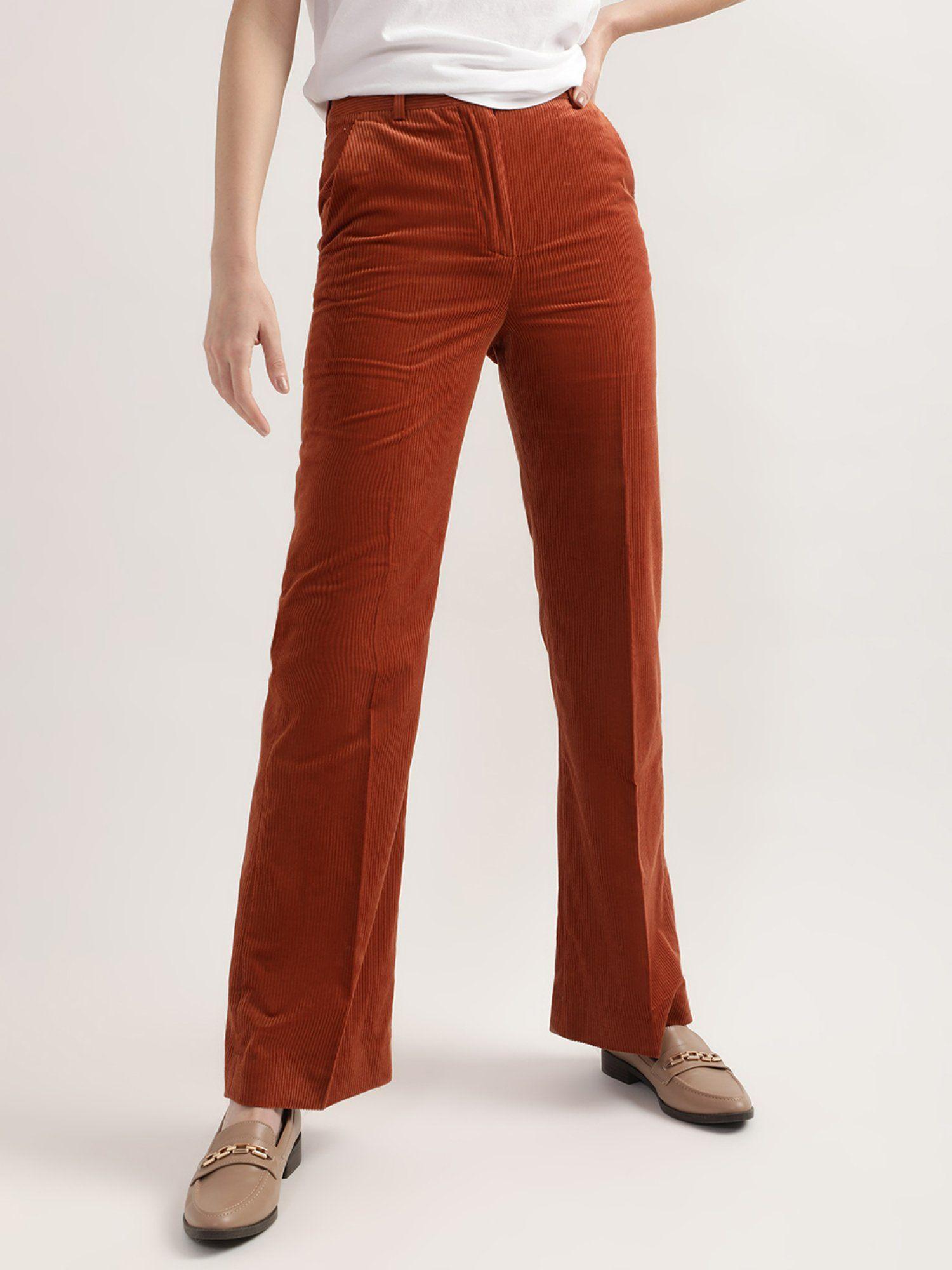 women brown solid regular pants