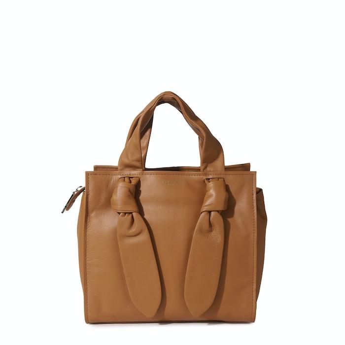 women brown solid soft-knot bow leather tote bag