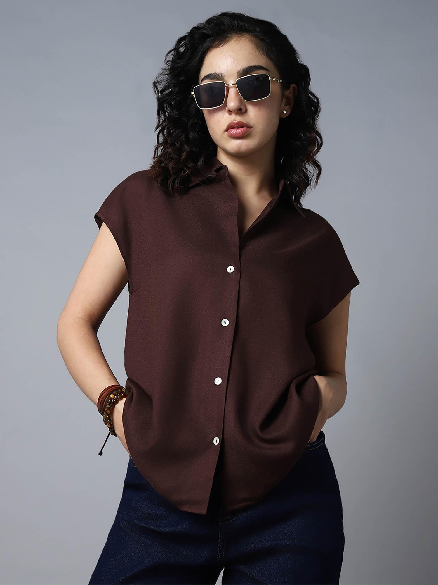 women brown spread collar half sleeves shirts