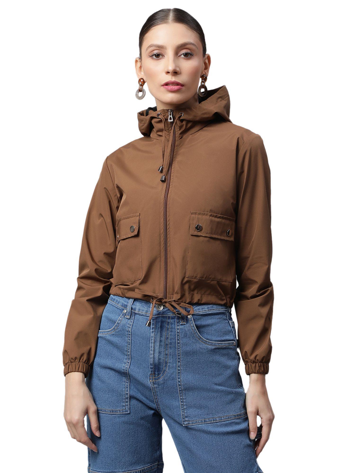 women brown street style hooded crop jacket