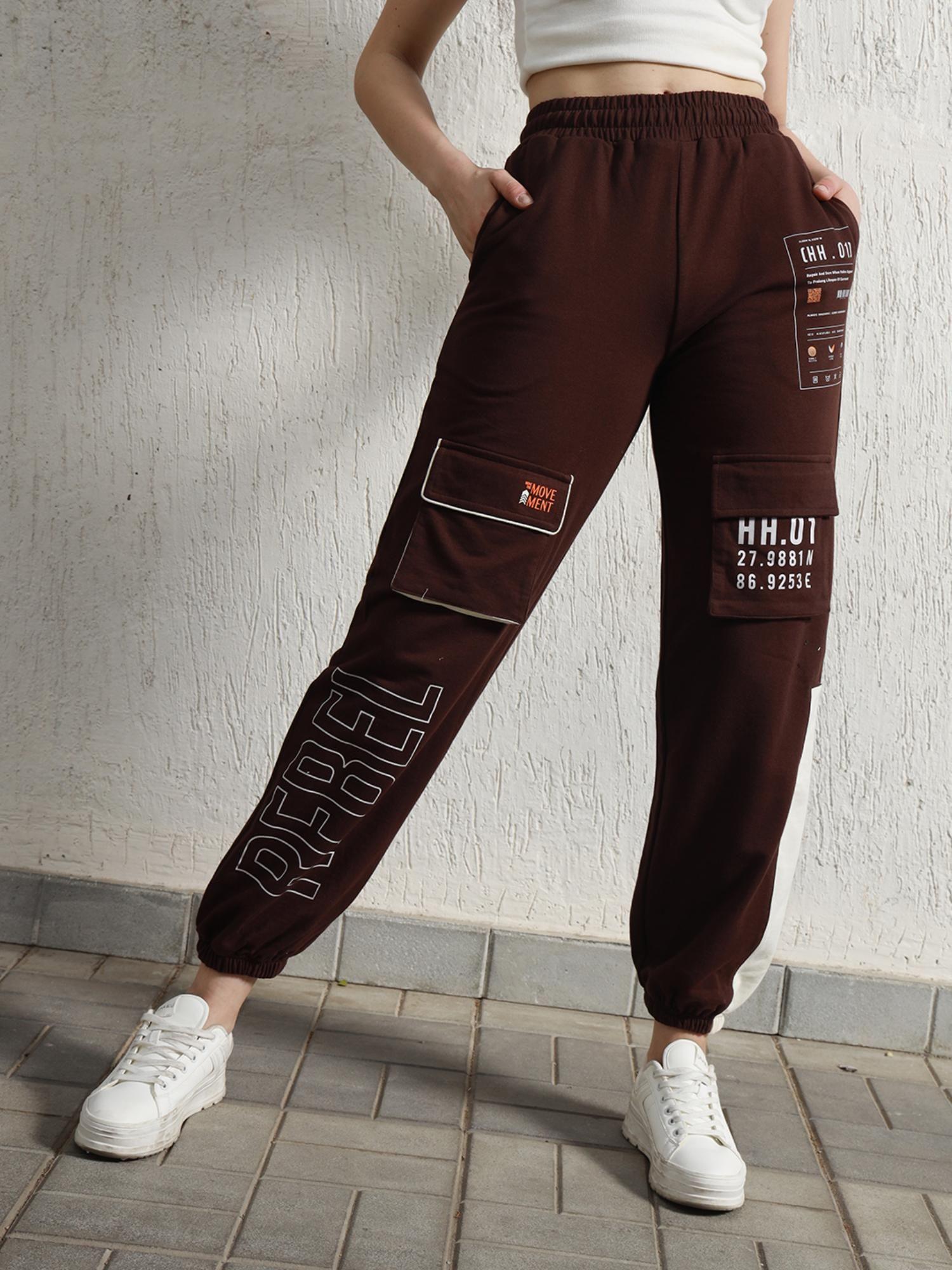 women brown summer cotton regular fit high rise joggers