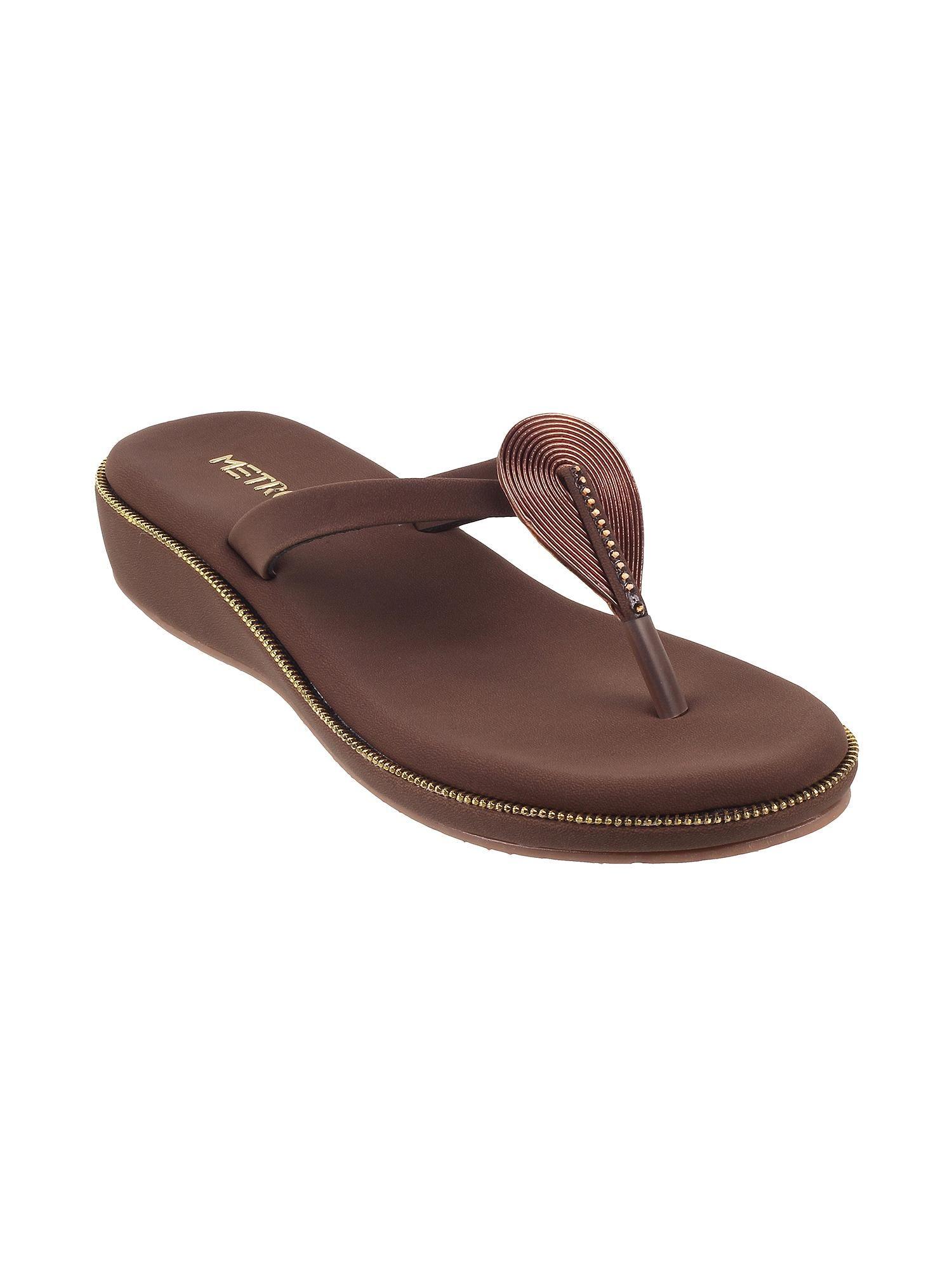 women brown synthetic slip on flats