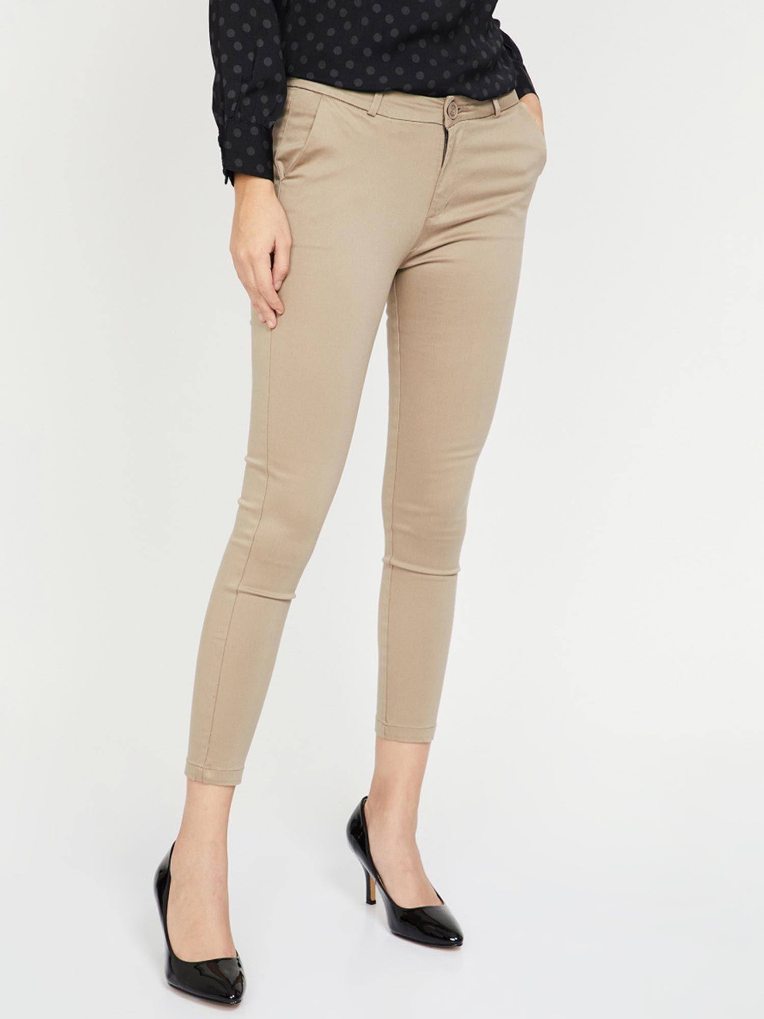 women brown tapered fit skinny formal trousers