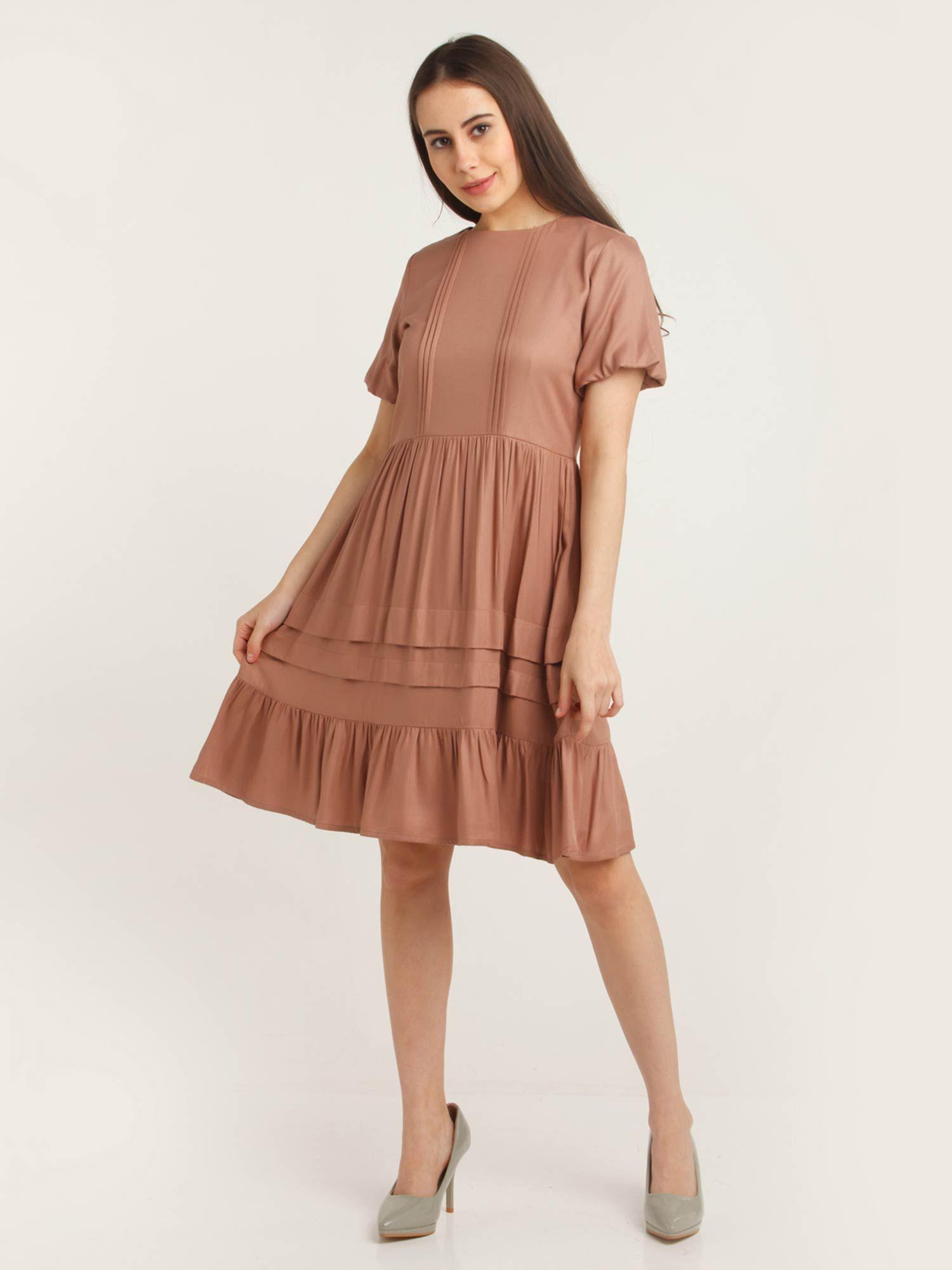 women brown terrain pleated dress