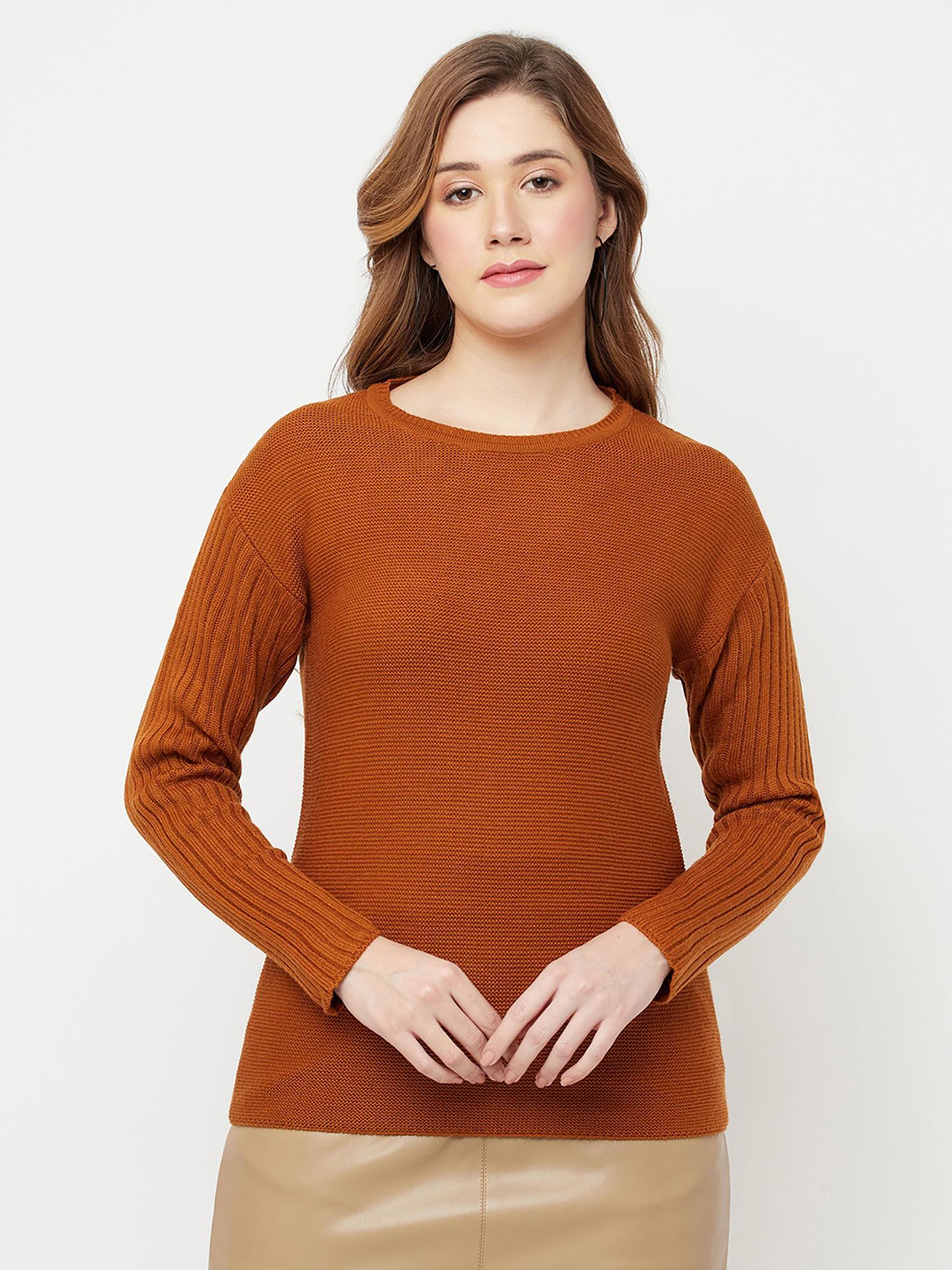 women brown textured round neck sweater