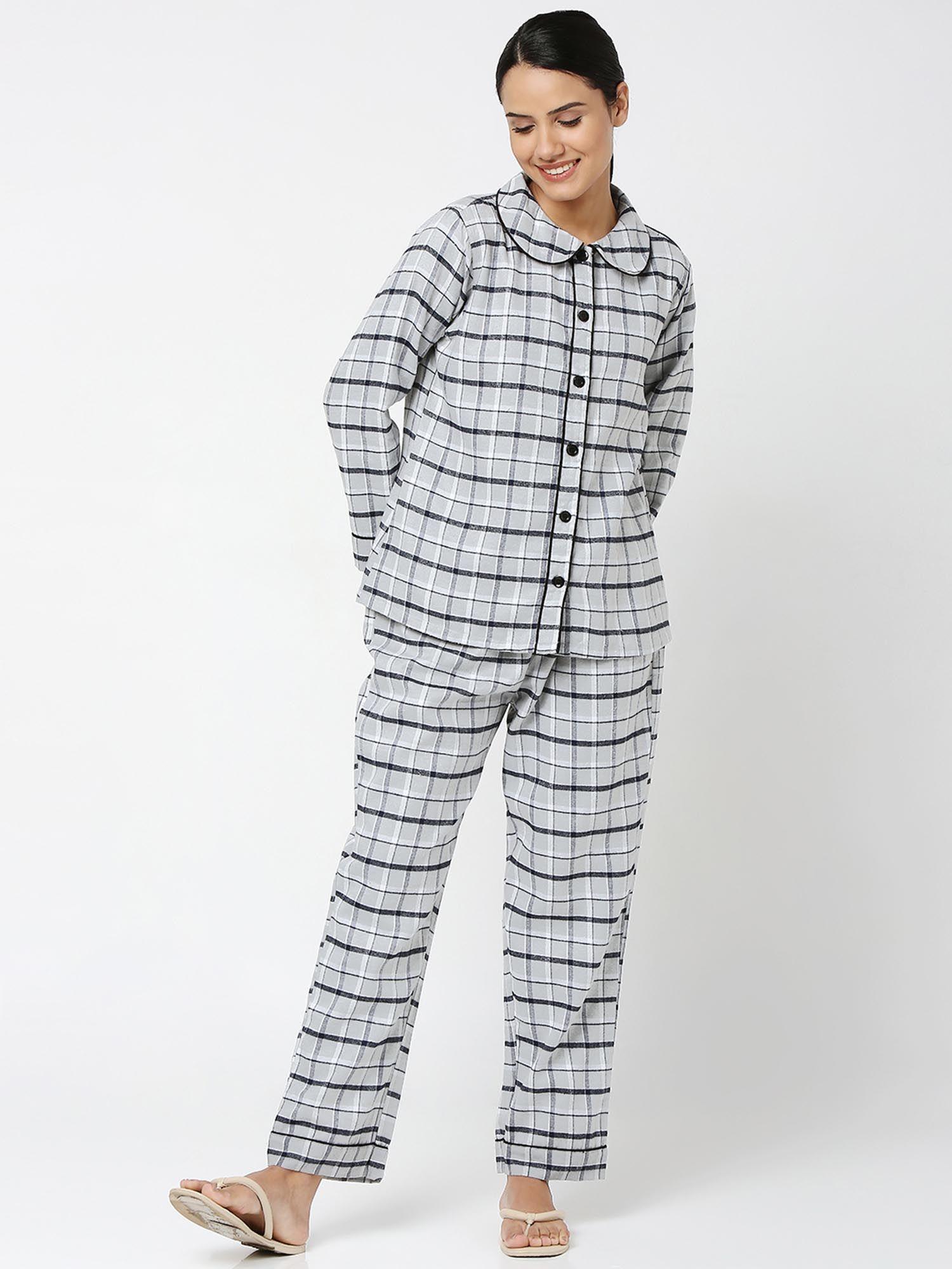 women brush cotton checks night suit (set of 2)