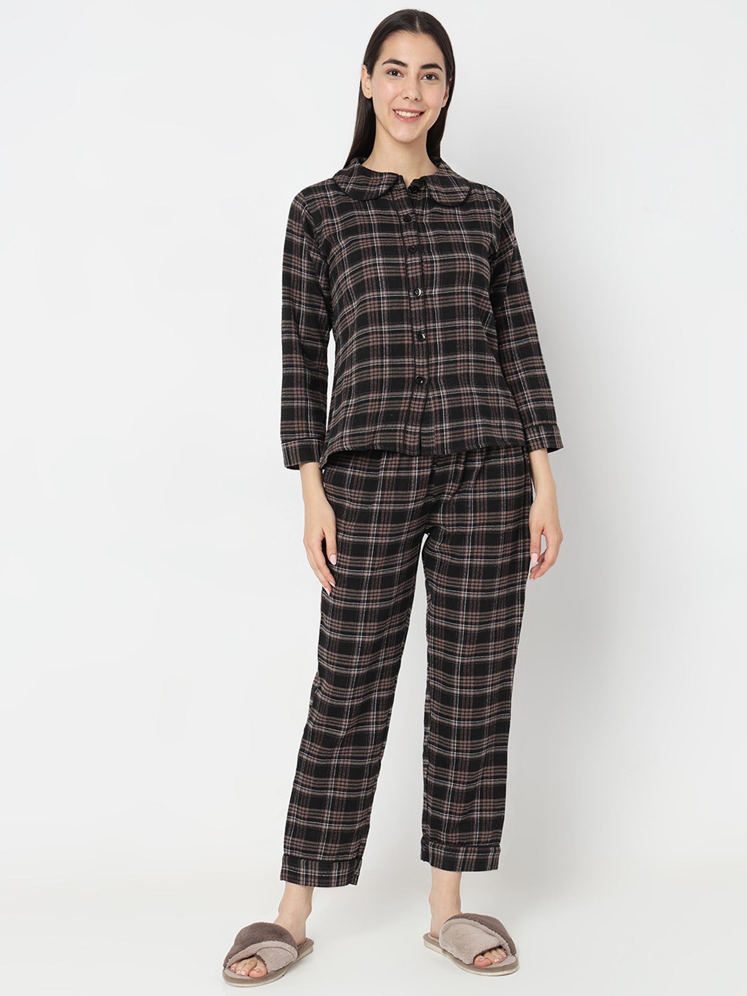 women brush cotton checks night suit (set of 2)