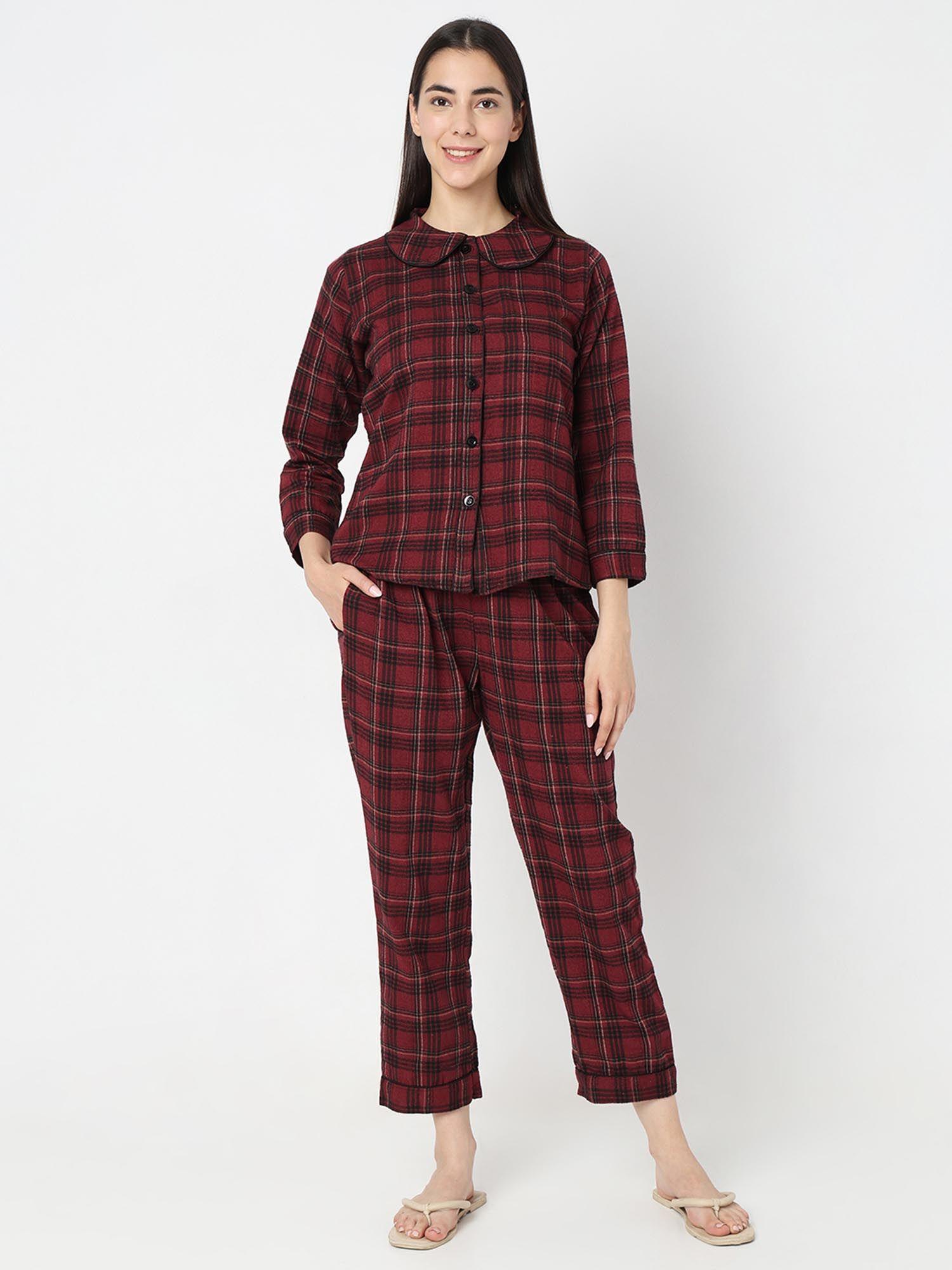 women brush cotton maroon checks night suit (set of 2)