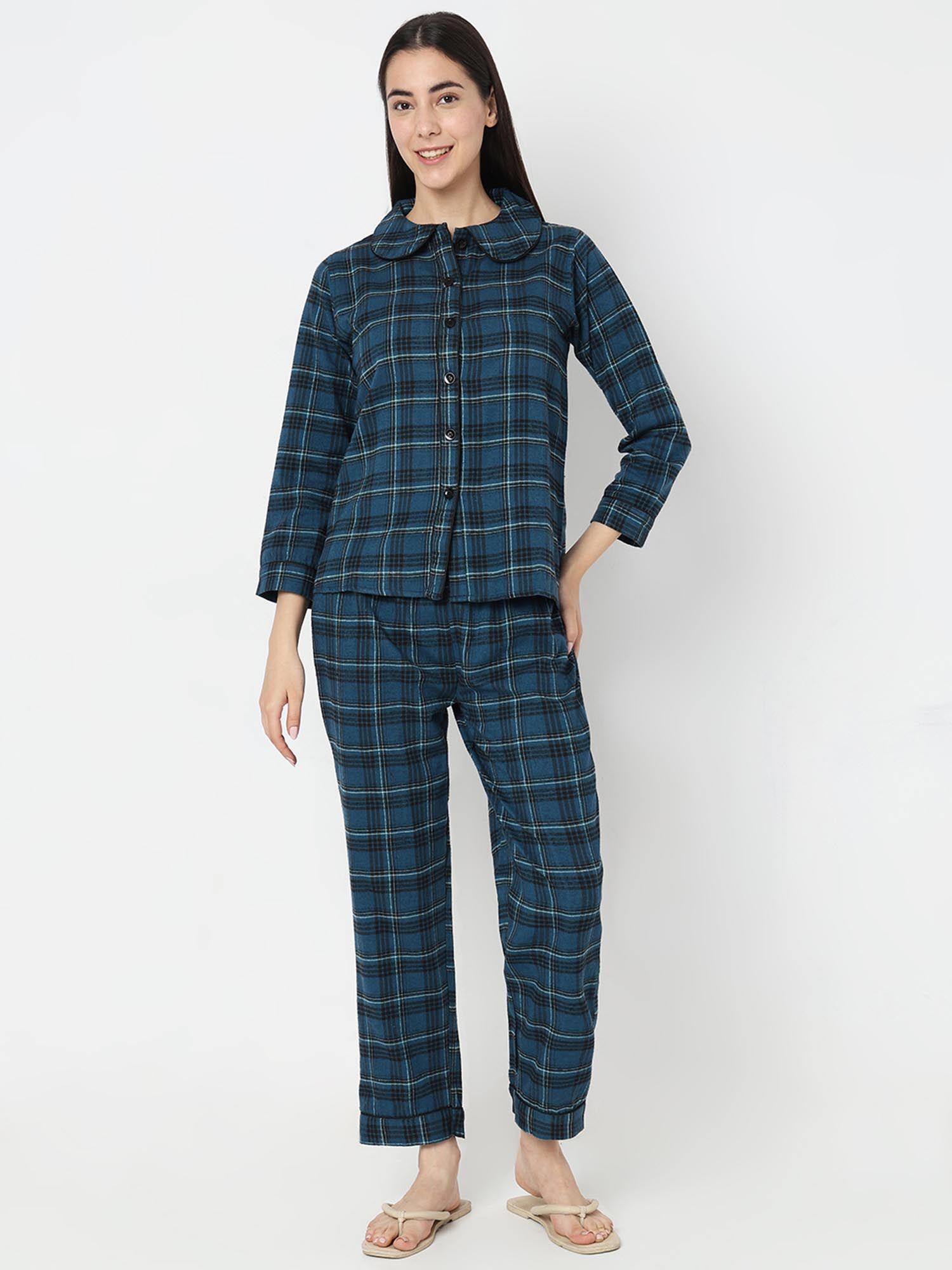 women brush cotton navy bluechecks night suit (set of 2)