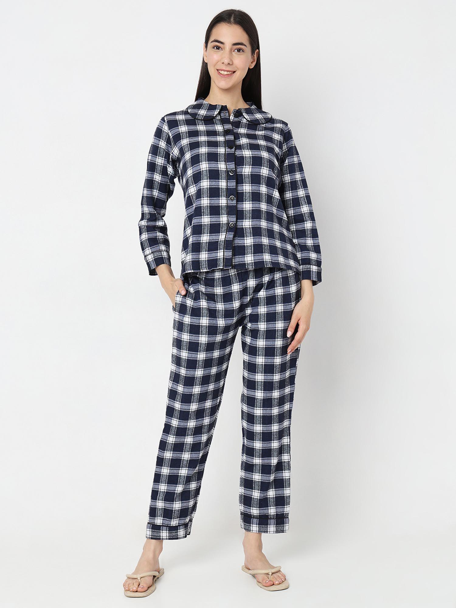 women brush cotton white & bluechecks night suit (set of 2)