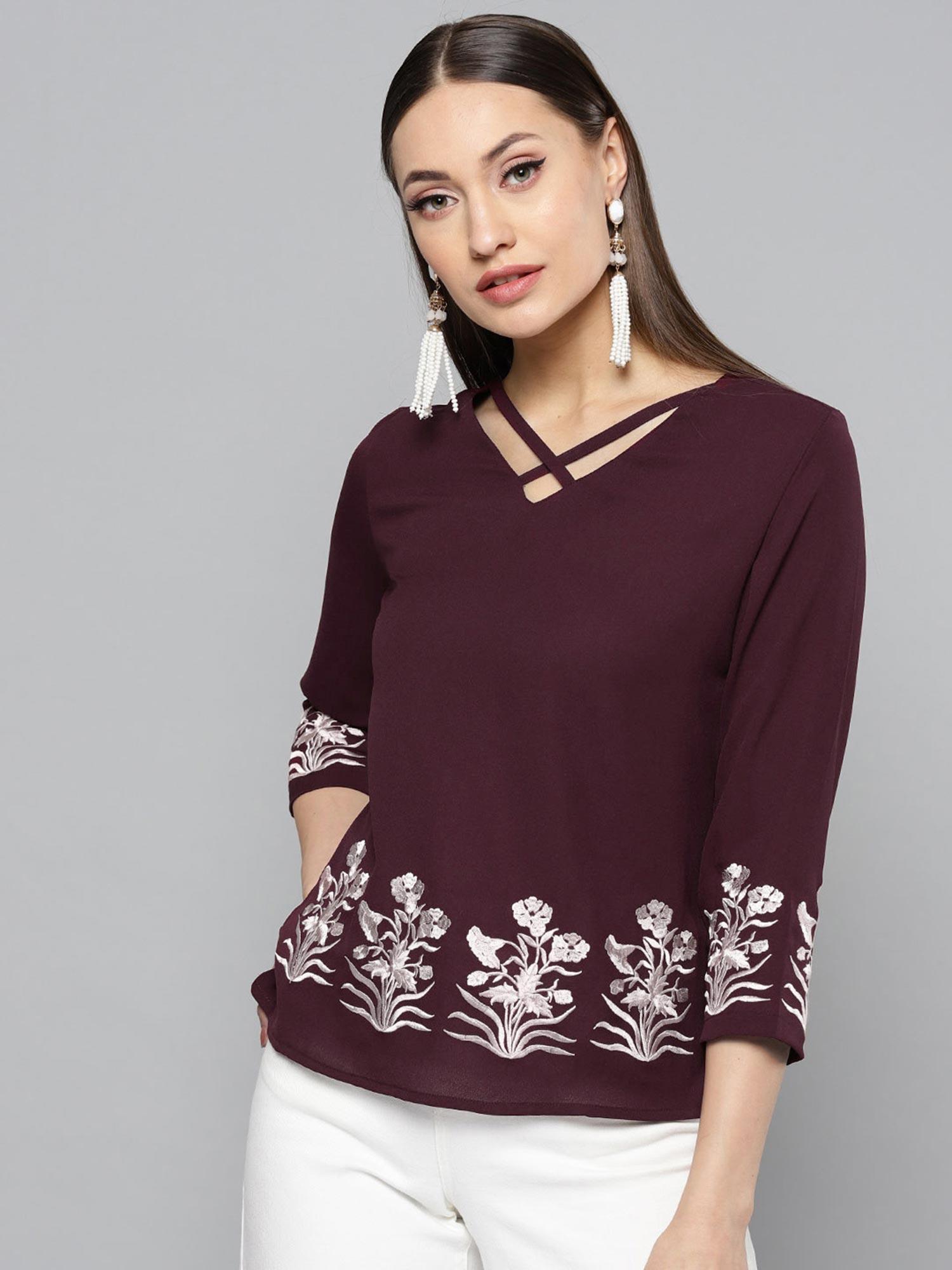 women burgundy embroidered detail top