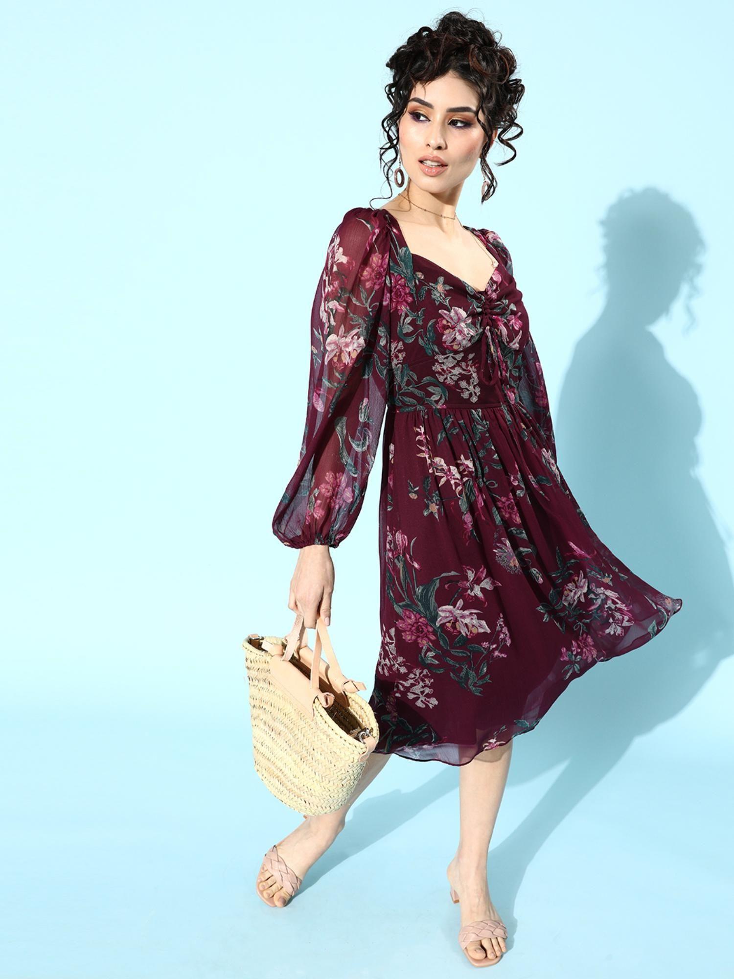 women burgundy floral print puff sleeves fit flare dress