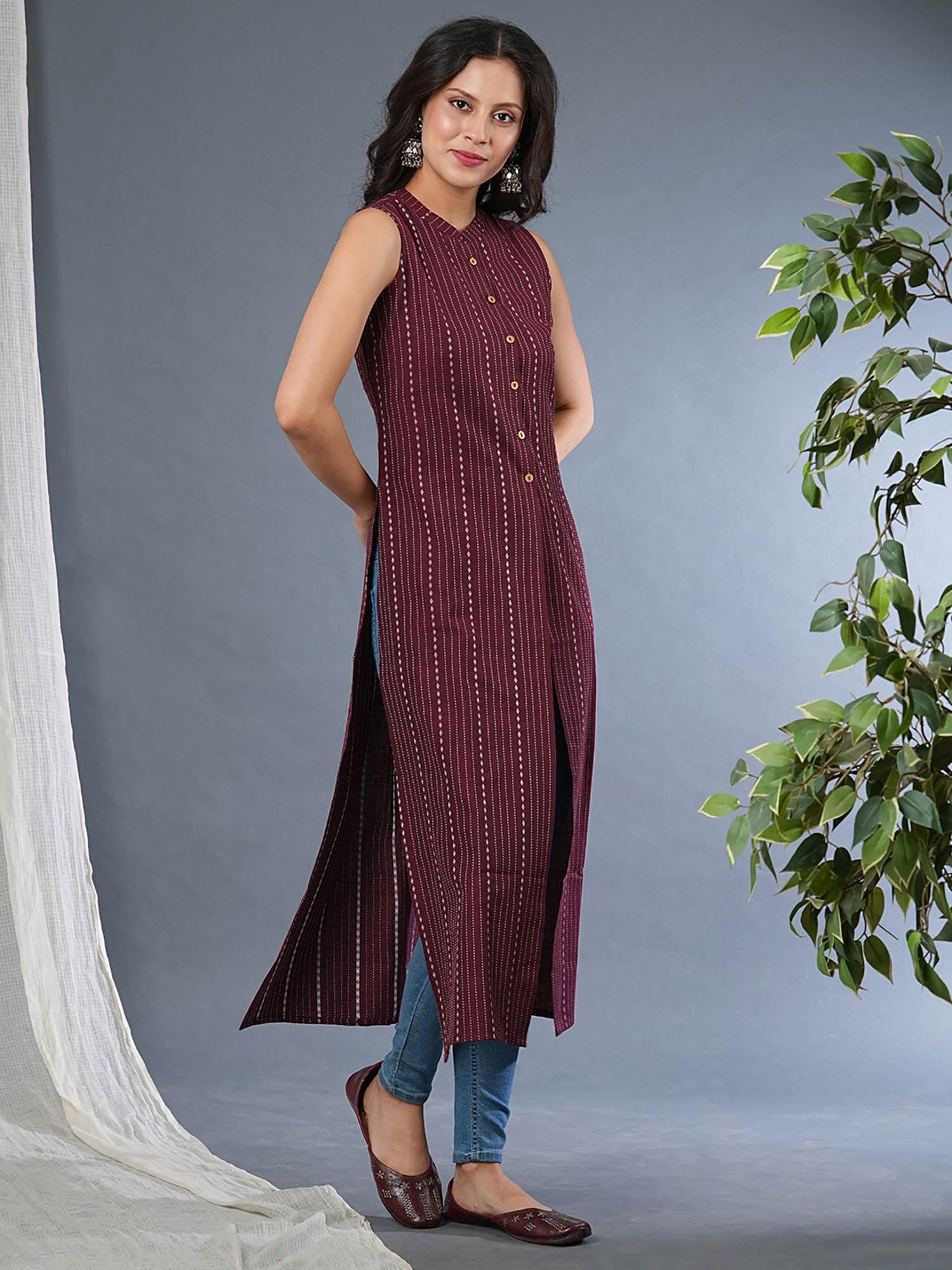 women burgundy mandarin collar button down yarndyed straight workwear kurta