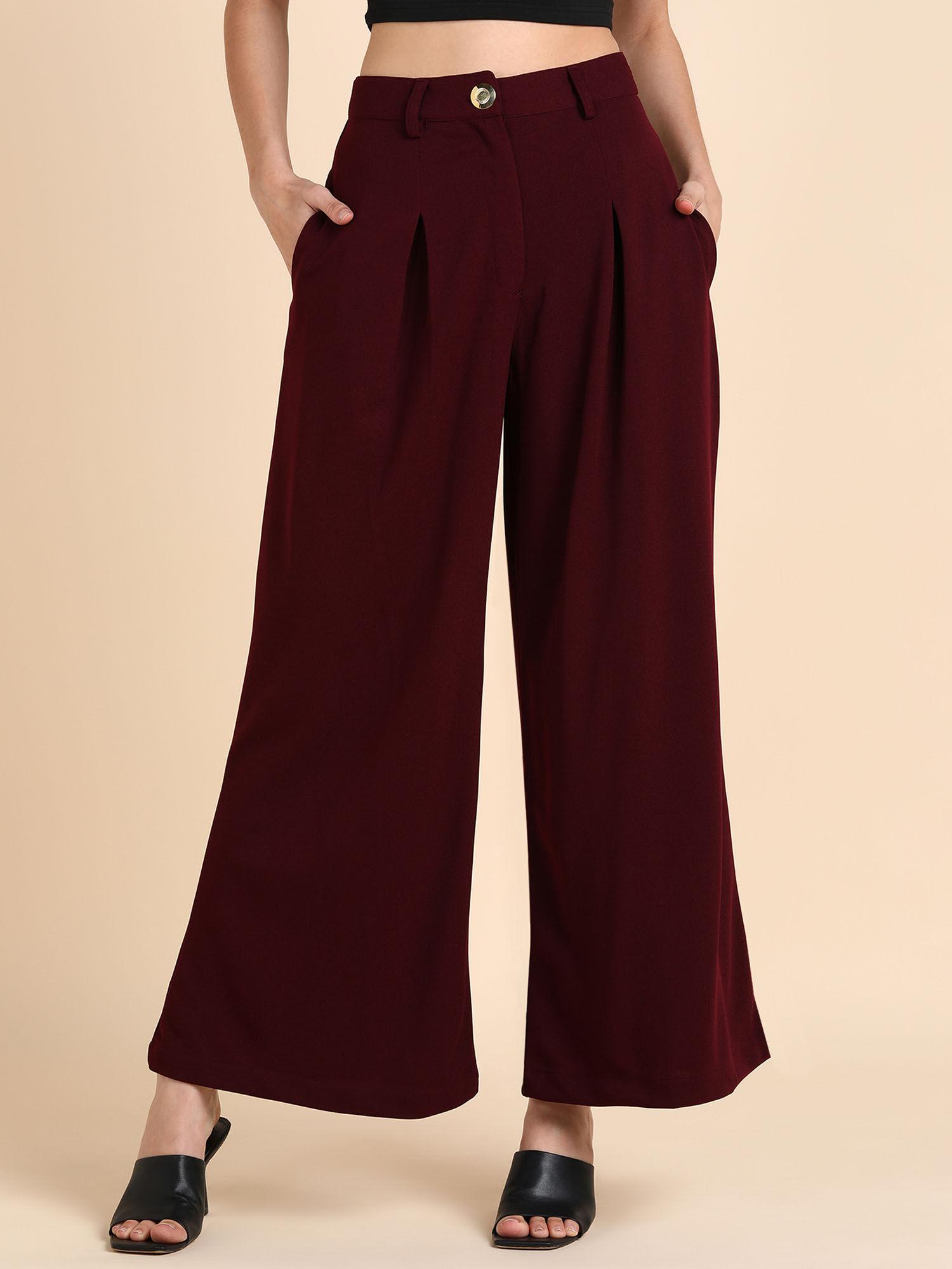 women burgundy mid-rise relaxed fit pleated parallel trousers