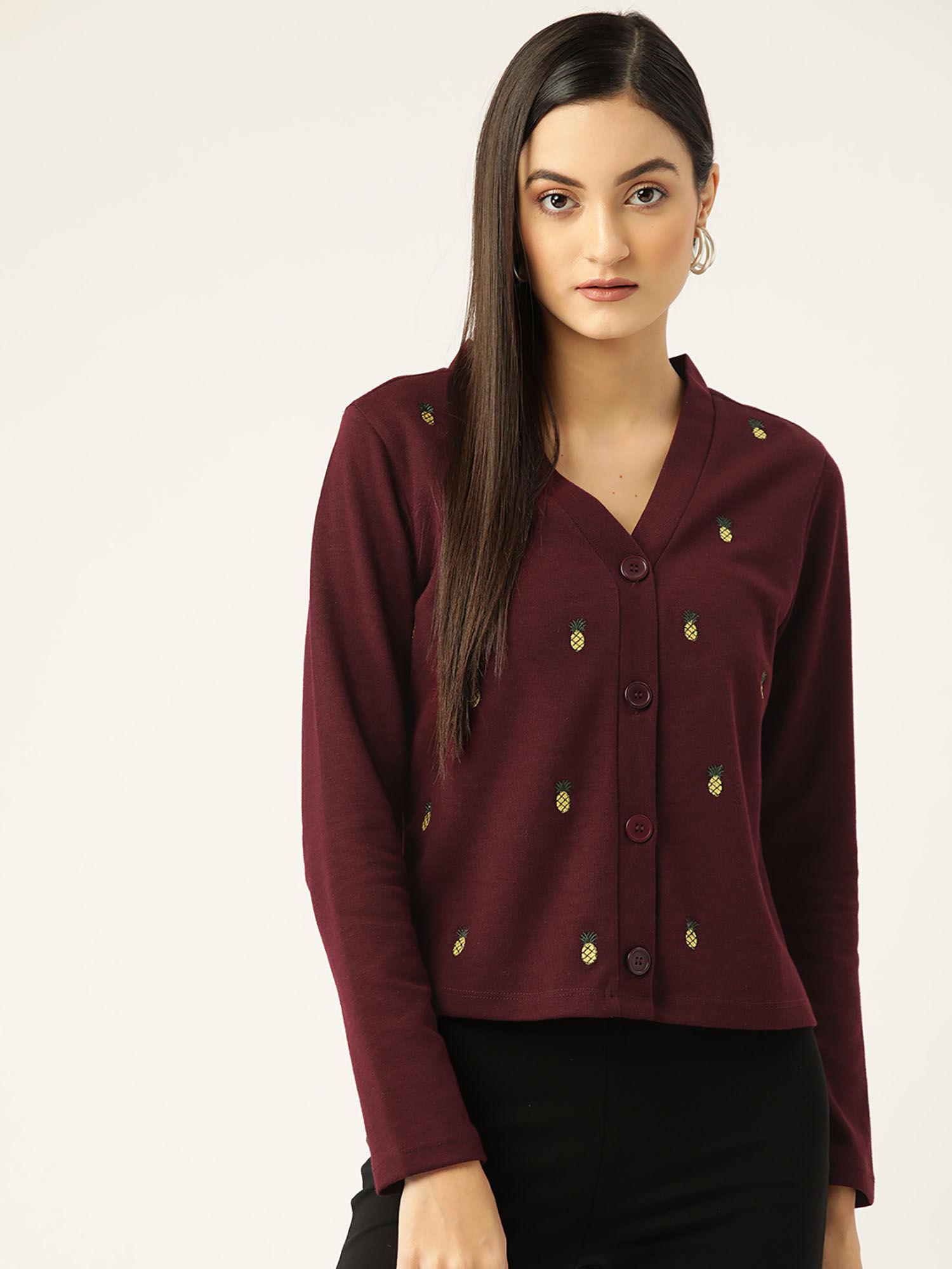 women burgundy pineapple embroidered cardigan