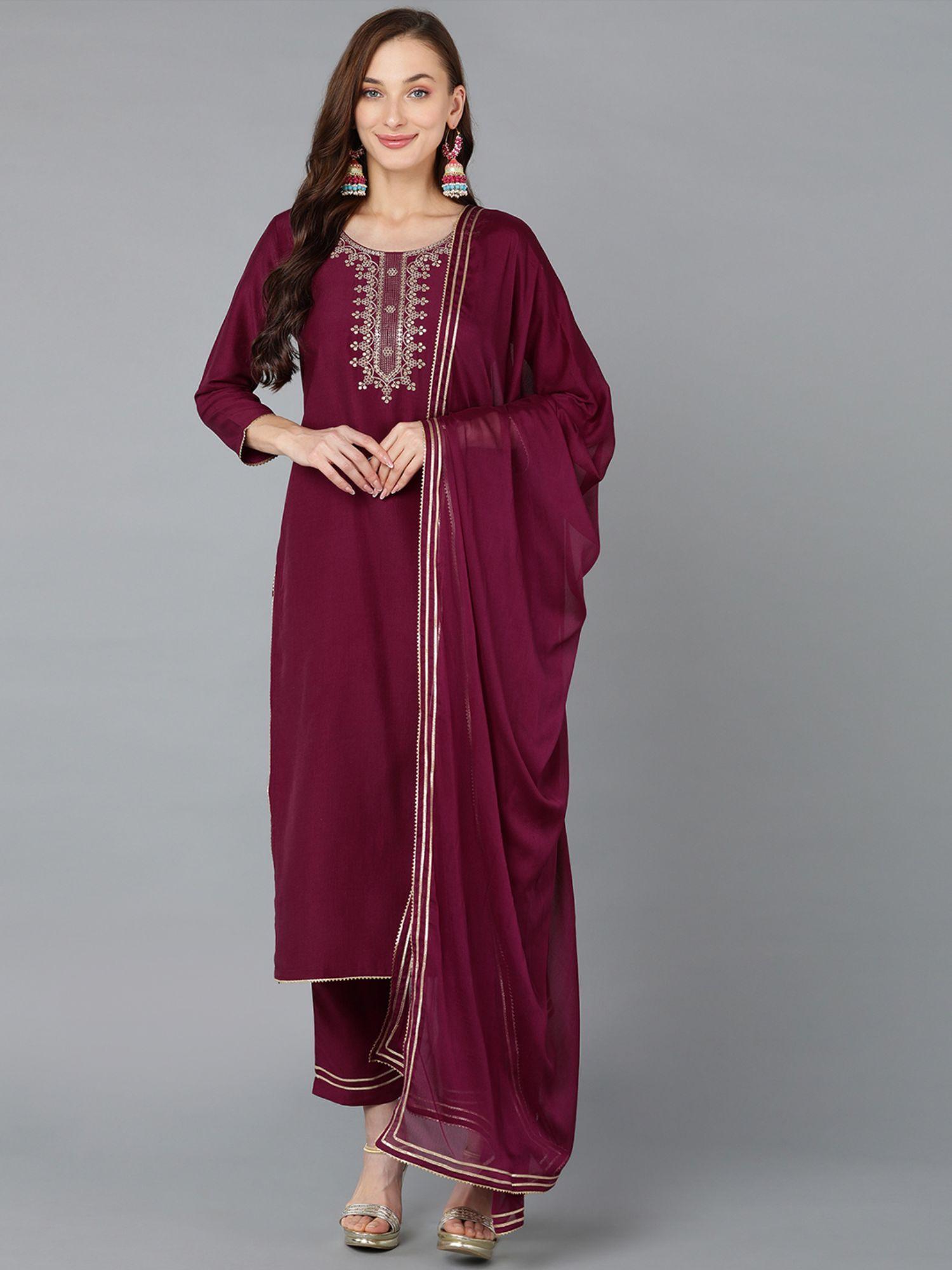 women burgundy silk blend embroidered straight kurta trouser with dupatta (set of 3)