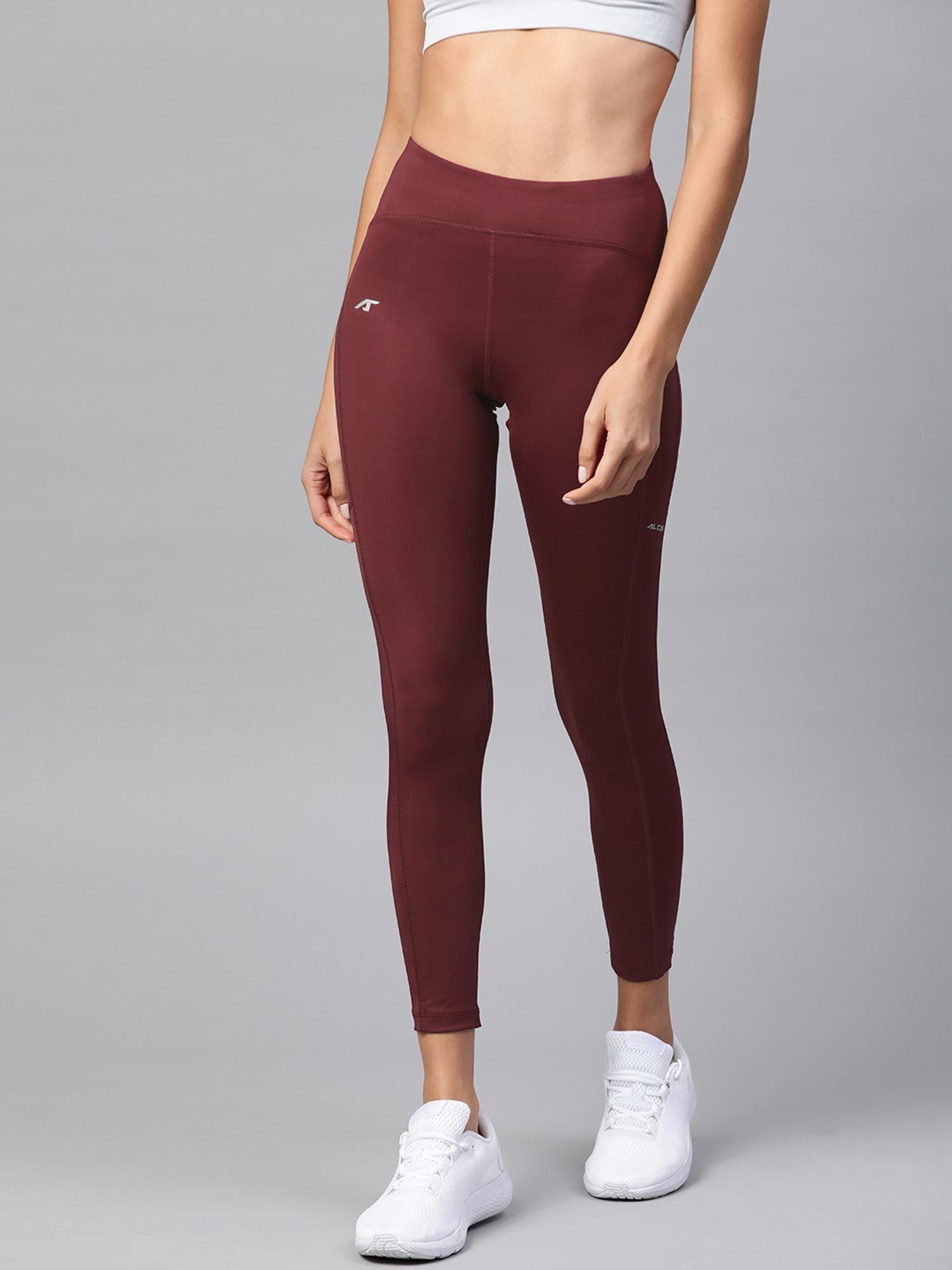 women burgundy solid cropped tights