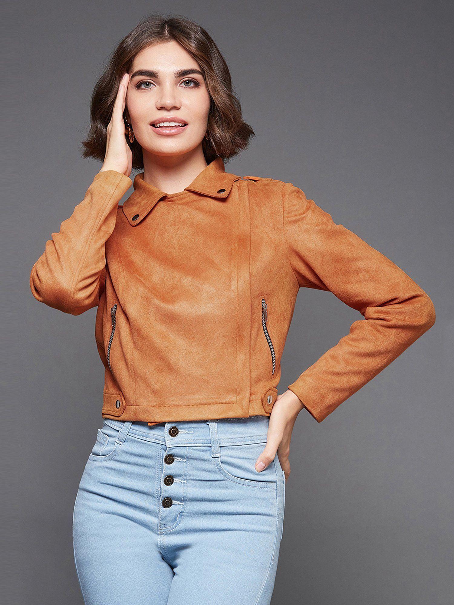 women burnt orange full-sleeve solid blazer style zipper polyester jacket