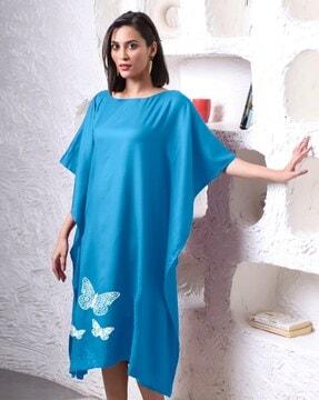 women butterfly print boat-neck kaftan kurta