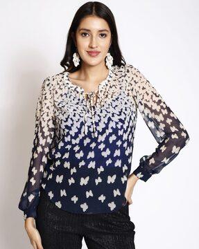 women butterfly print relaxed fit top with tie-up