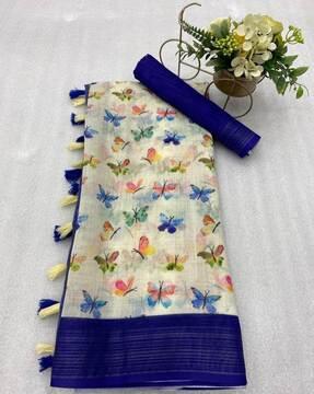 women butterfly print saree with tassels