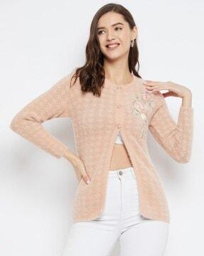 women button-down cardigan with floral applique