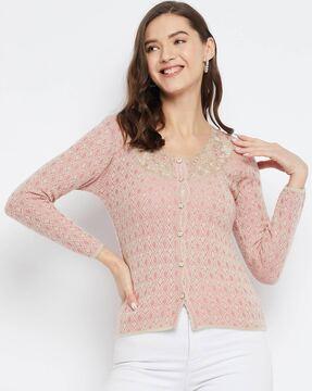women button-down cardigan with lace overlay