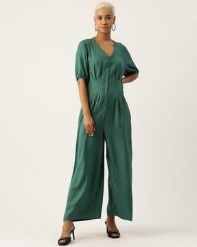 women button-down jumpsuit with puff sleeves
