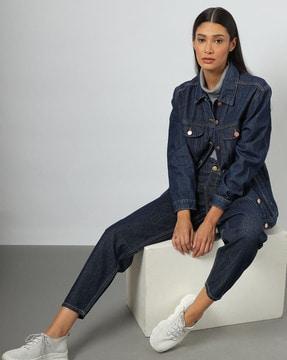 women button-down panelled denim jacket with button-flap pockets