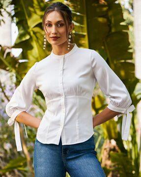 women button-down shirt with curved hemline