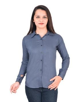 women button-down top with cuffed sleeves