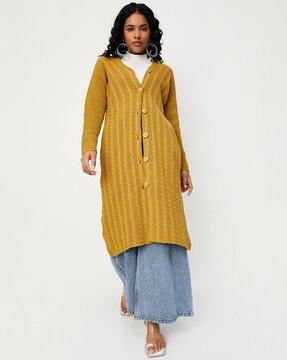 women cable knit long shrug with button front