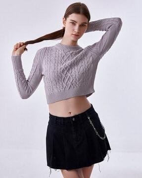 women cable-knit relaxed fit crop sweater