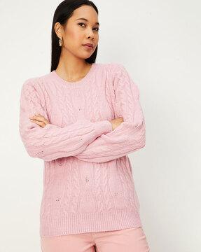 women cable knit round-neck pullover