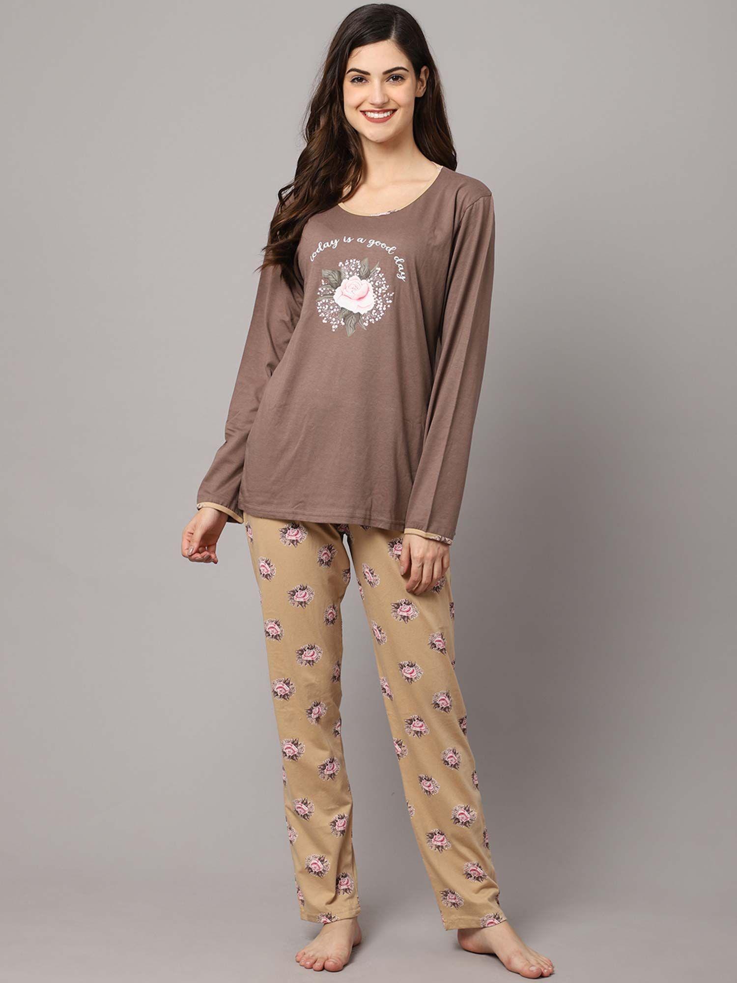 women camel brown white printed night suit