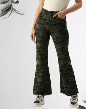 women camouflage print boot fit trousers