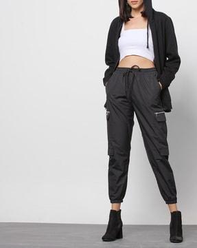 women cargo-pocket elasticated drawcord black joggers