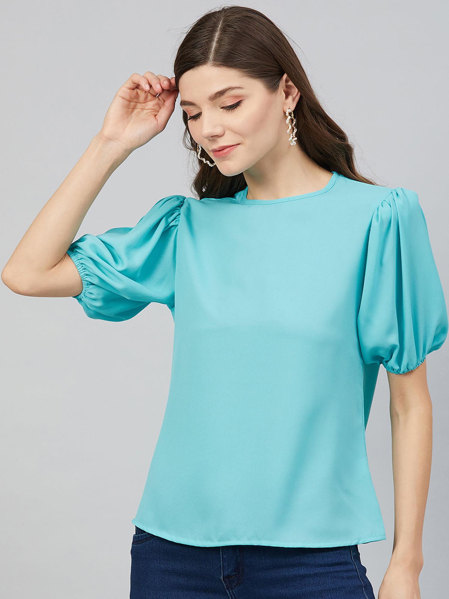 women casual aqua colour round neck solid print regular top