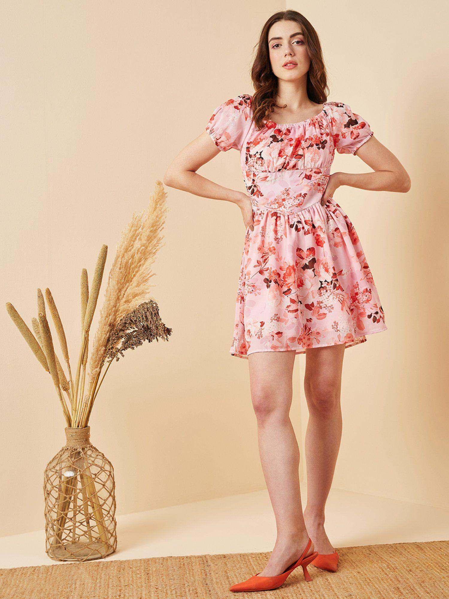 women casual baby pink colour above knee floral dress