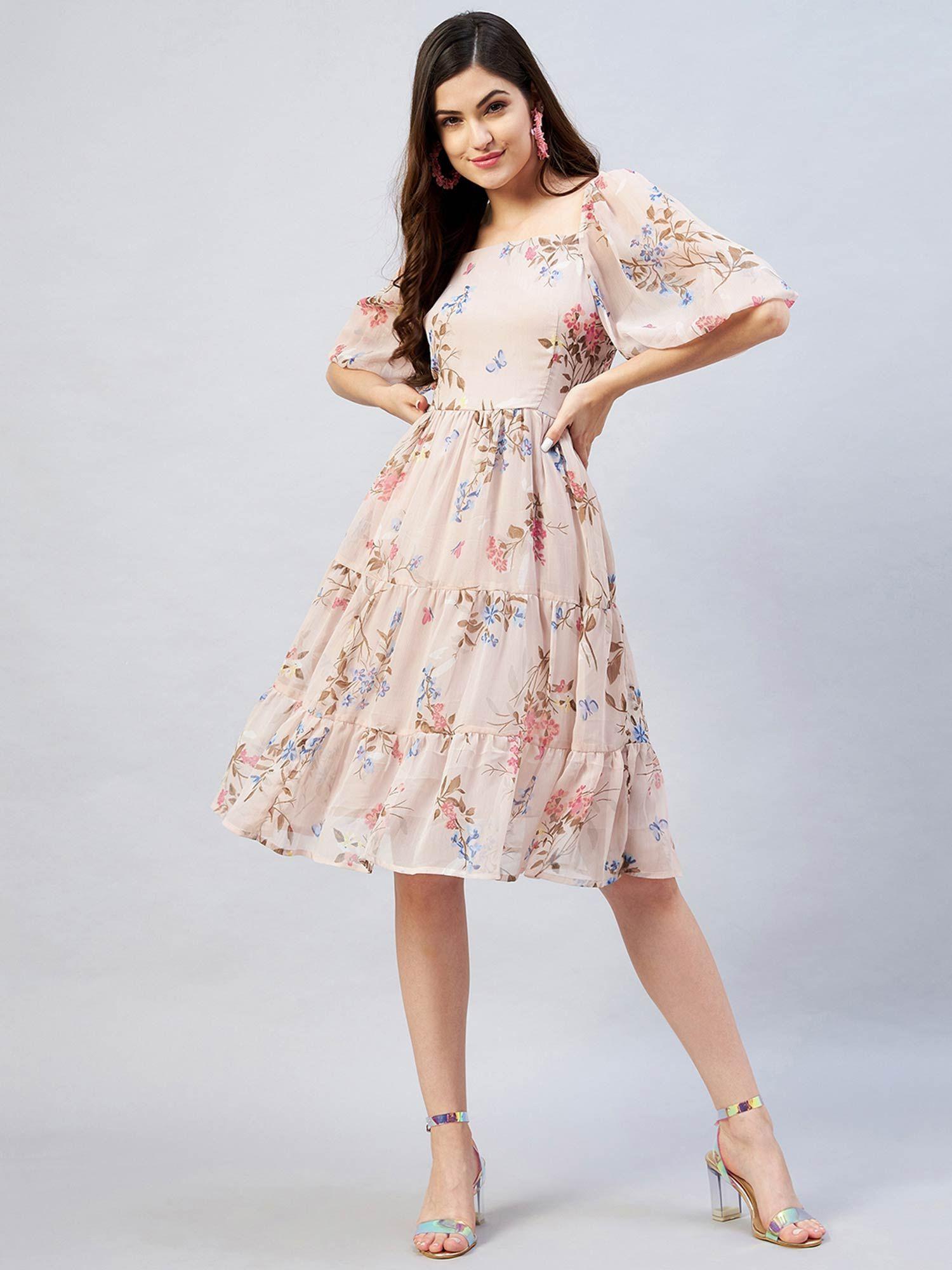 women casual beige colour knee length floral dress