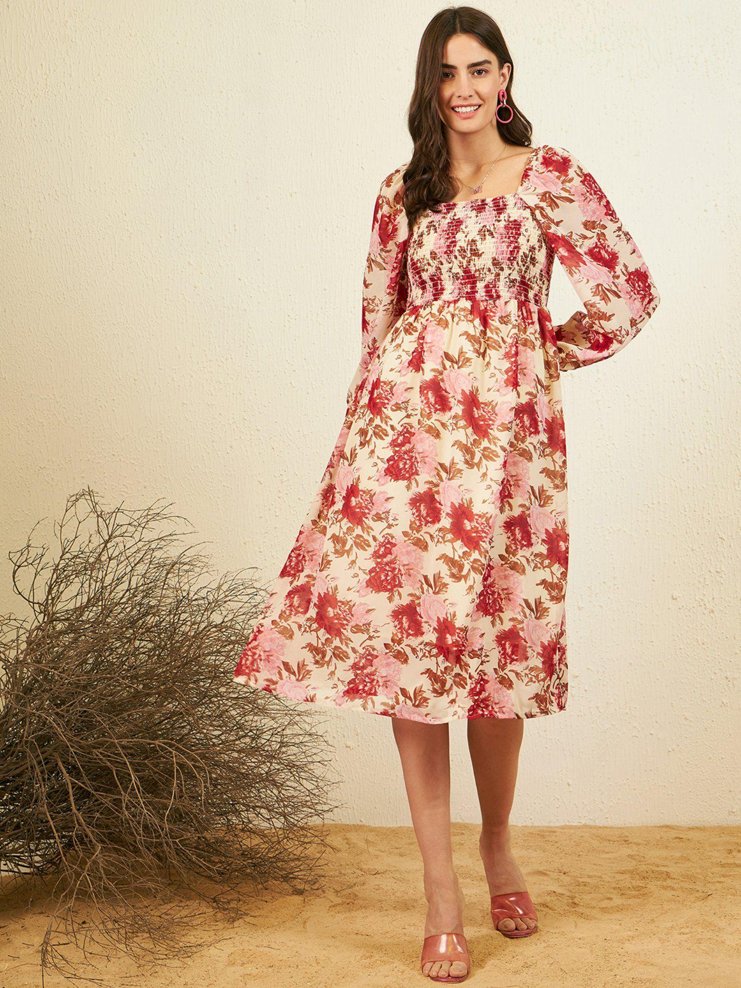 women casual beige colour midi floral dress