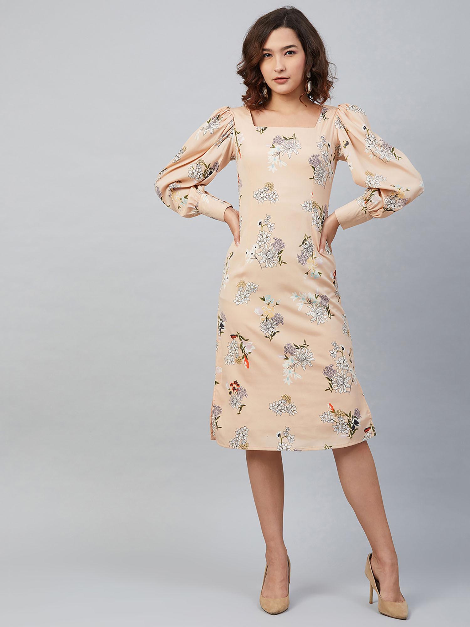 women casual beige colour midi floral dress