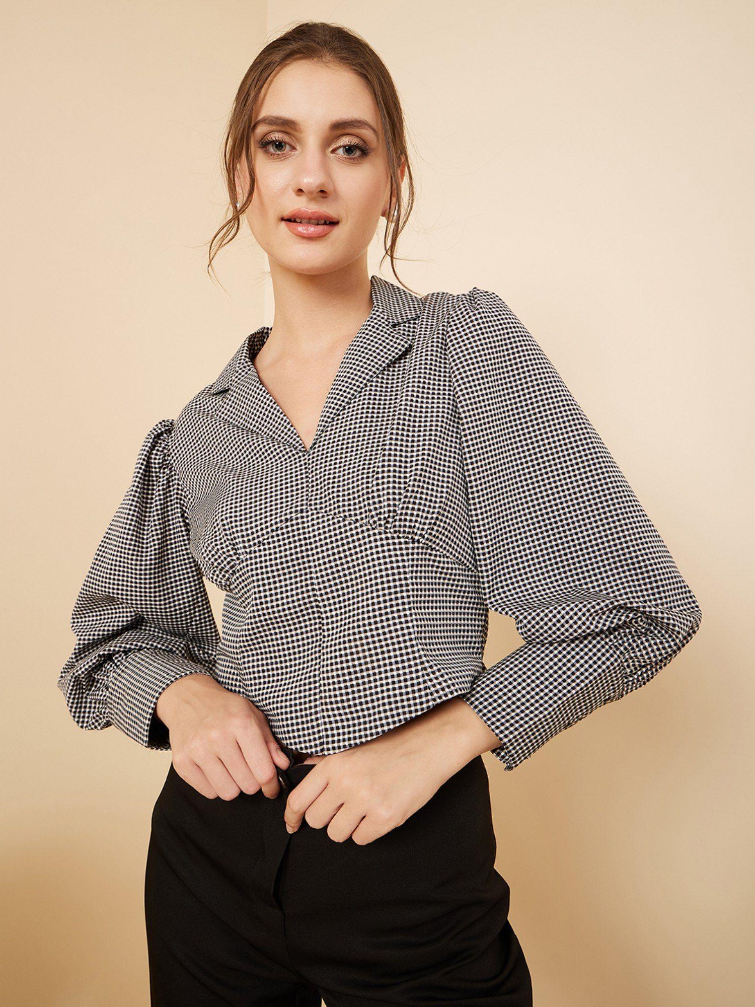 women casual black check colour notched lapel checked regular top