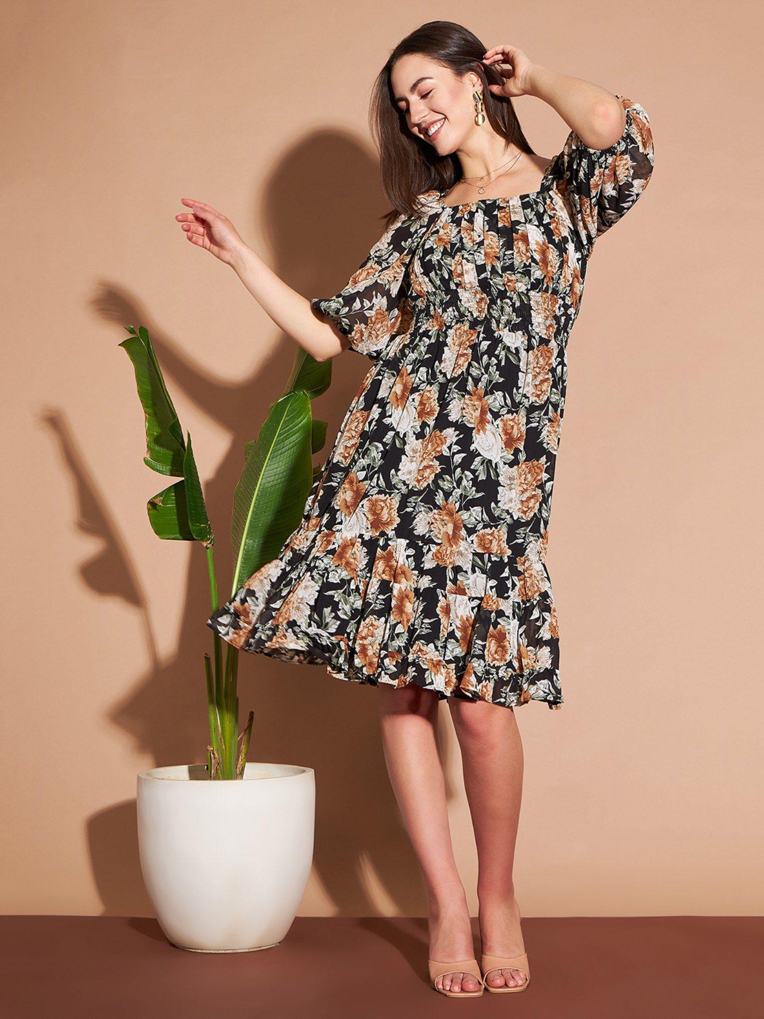 women casual black color knee length floral dress