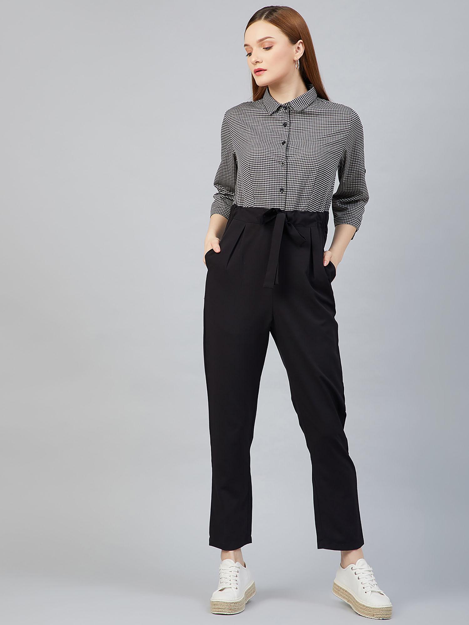 women casual black colour blocked basic jumpsuit