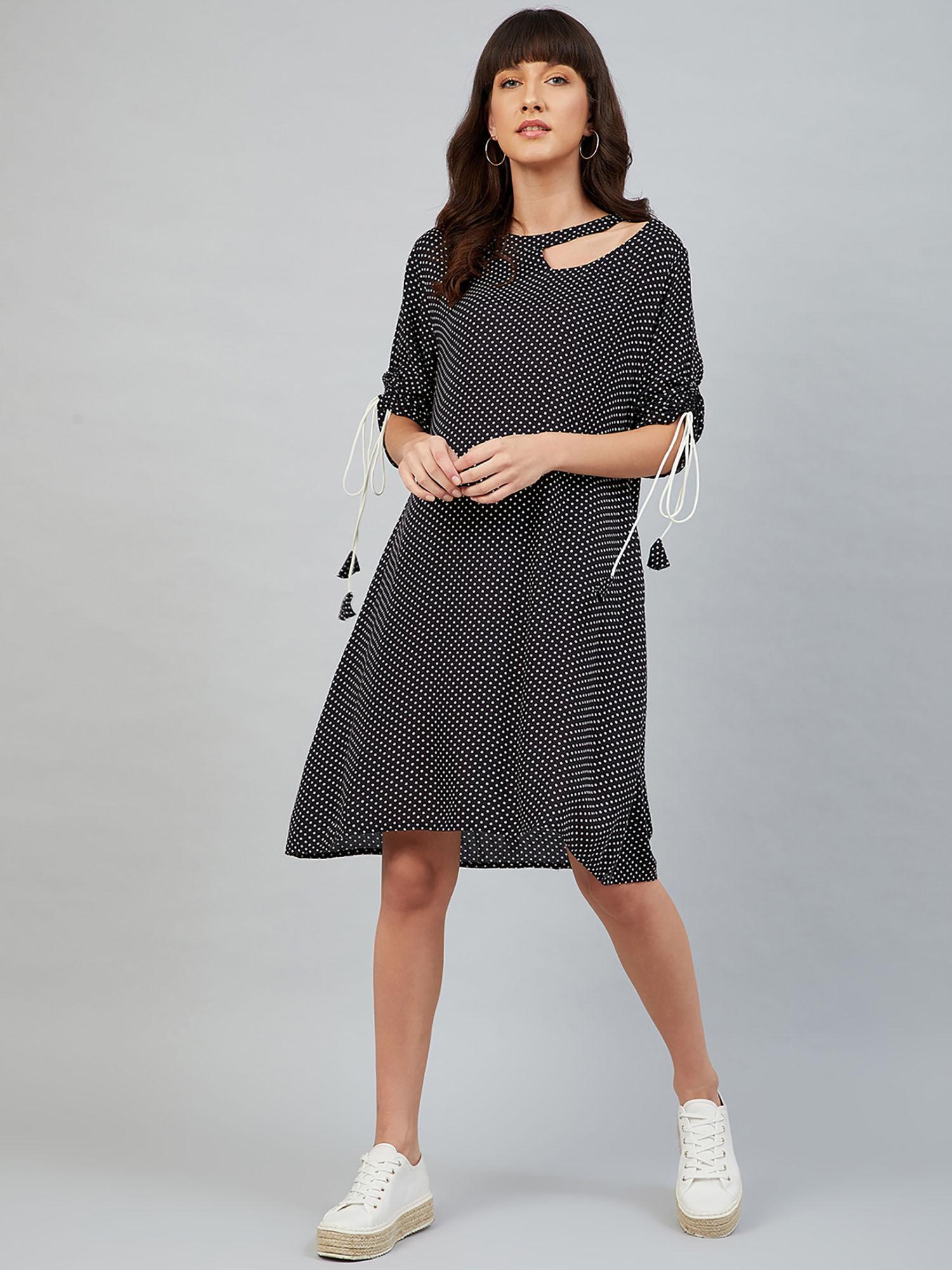 women casual black colour knee length polka dots dress