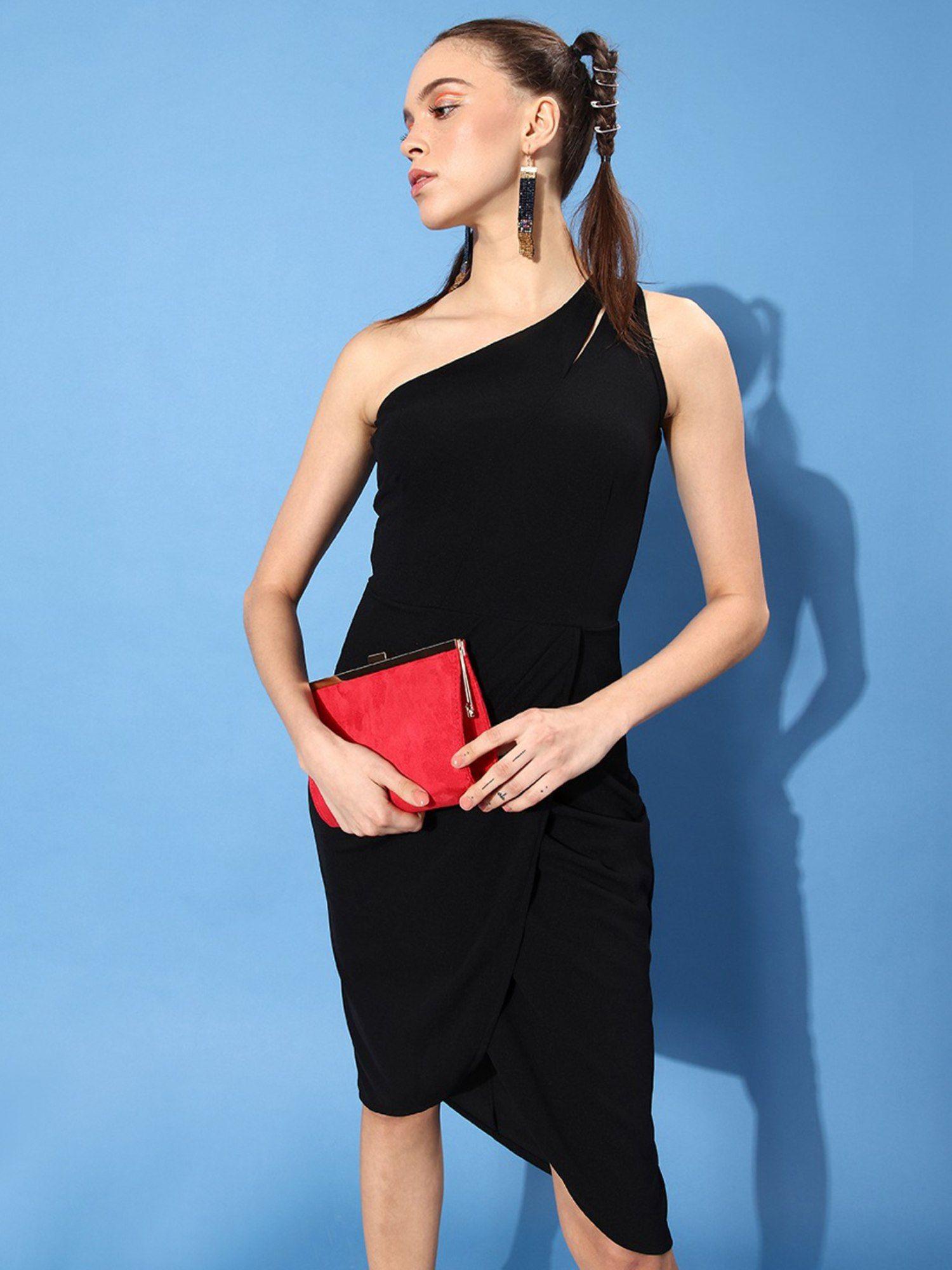 women casual black colour knee length solid dress